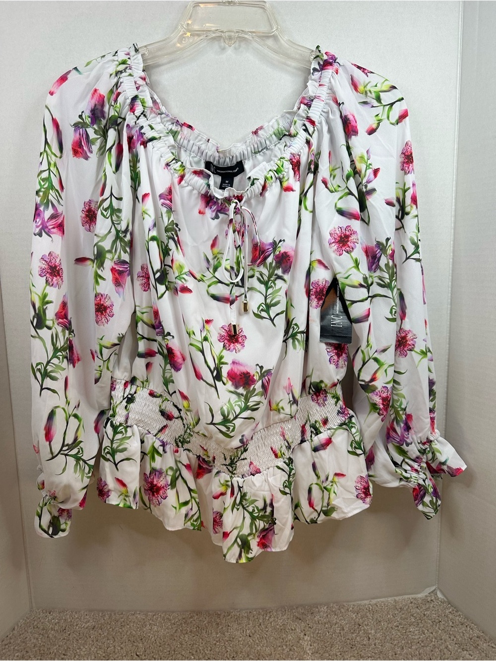 INC International Concepts White Floral Peasant Blouse with Pink & Green